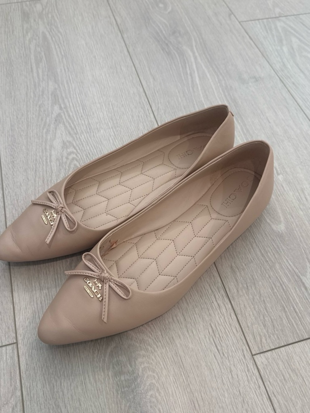 Coach Blush Tan Leather Pointed Ballet Flats with Bow - Picture 2 of 3